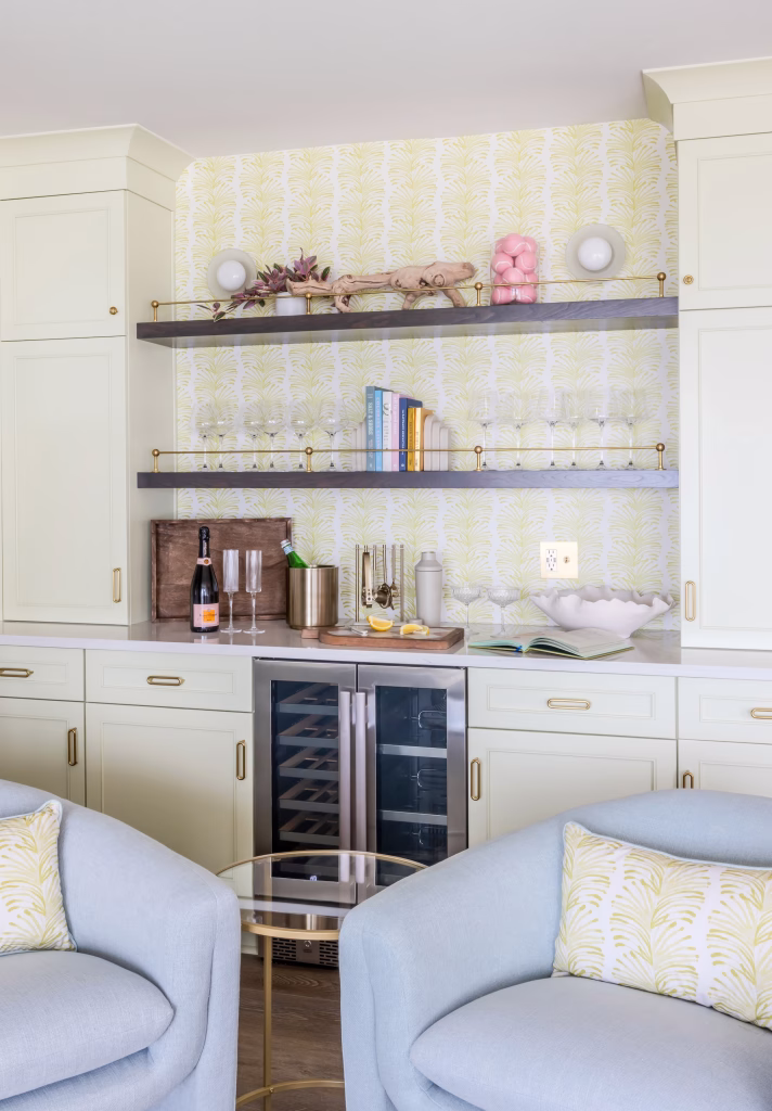 Pastel butter yellow cabinetry color in a modern southern interior design living room