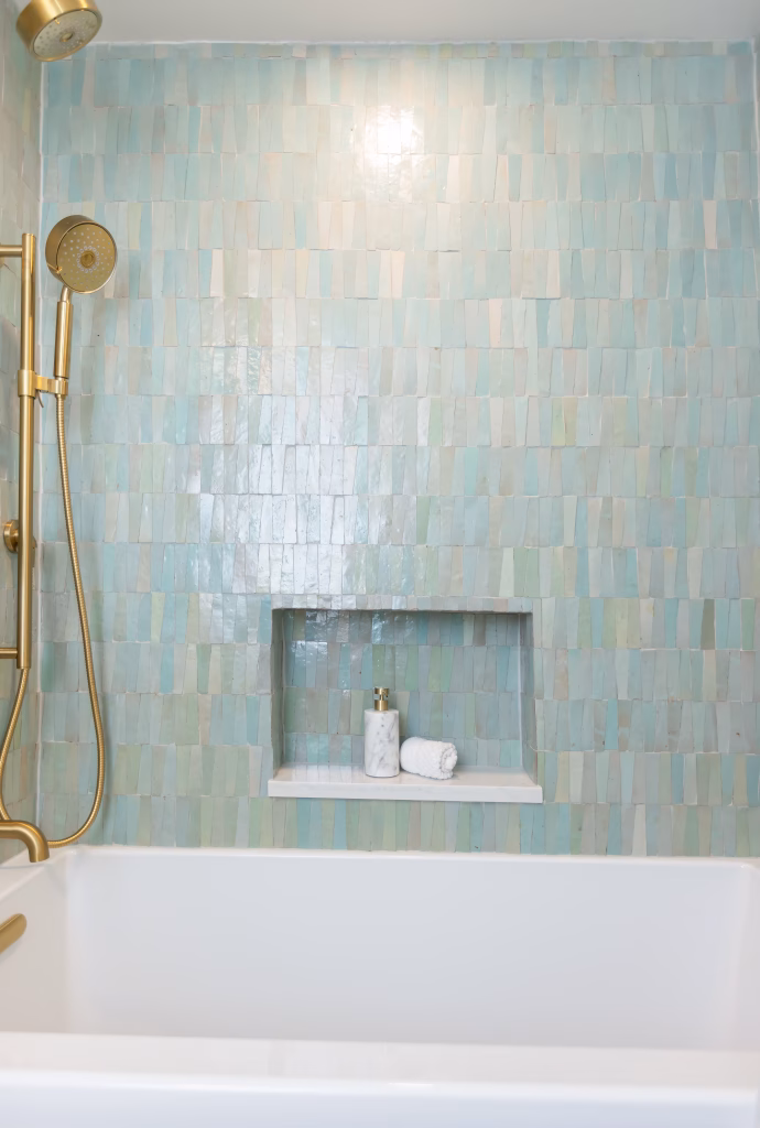 Watercolor coastal shower wall tile design ideas for your bathroom design from Charleston interior designers